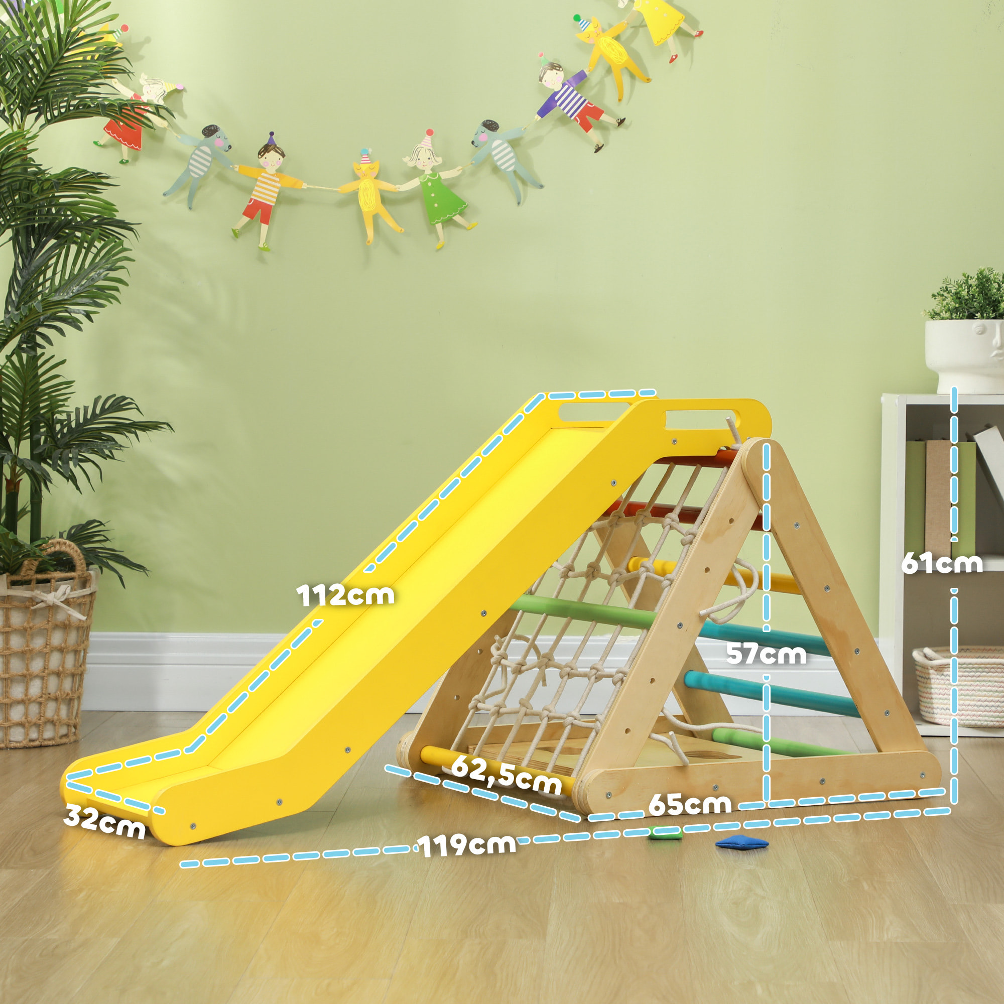 Ensemble d'escalade en bois 5 en 1 - triangle Pikler, toboggan, filet à grimper, rampe, jeu adresse - panneaux bois pin