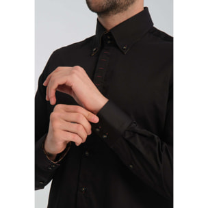 Camicia Uomo 2 Bottoni Button Down Slim Satin Unito Nero