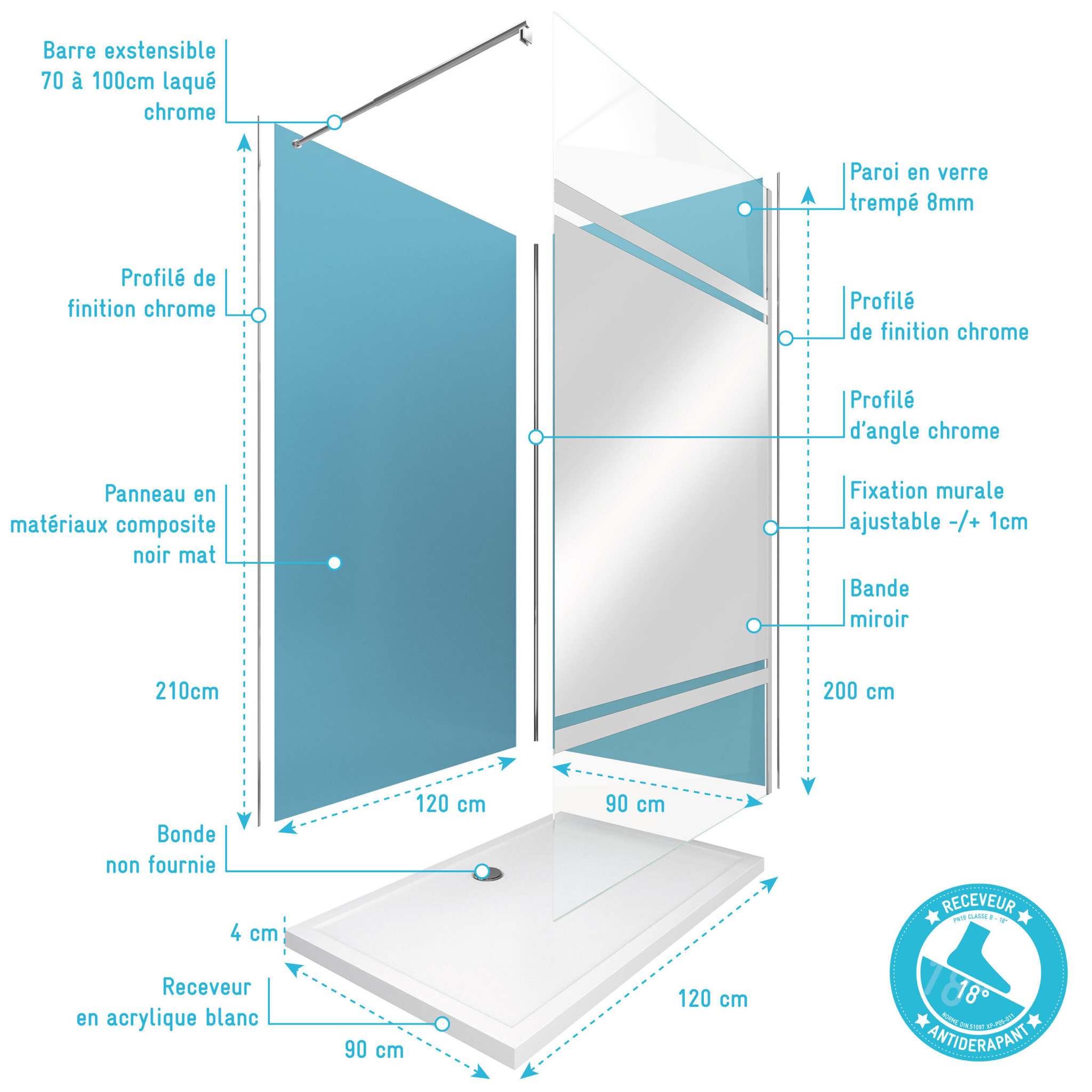 Pack Douche a l'Italienne 90x120 - Kit Panneaux Muraux Bleu/Chrome + Receveur + Paroi Miroir 8 mm