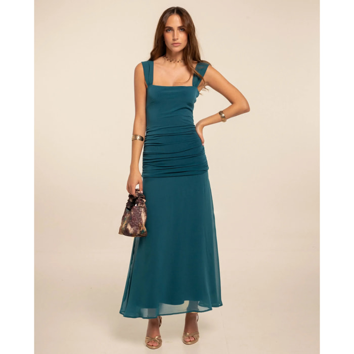 Vestido midi con cuerpo drapeado y falda de gasa