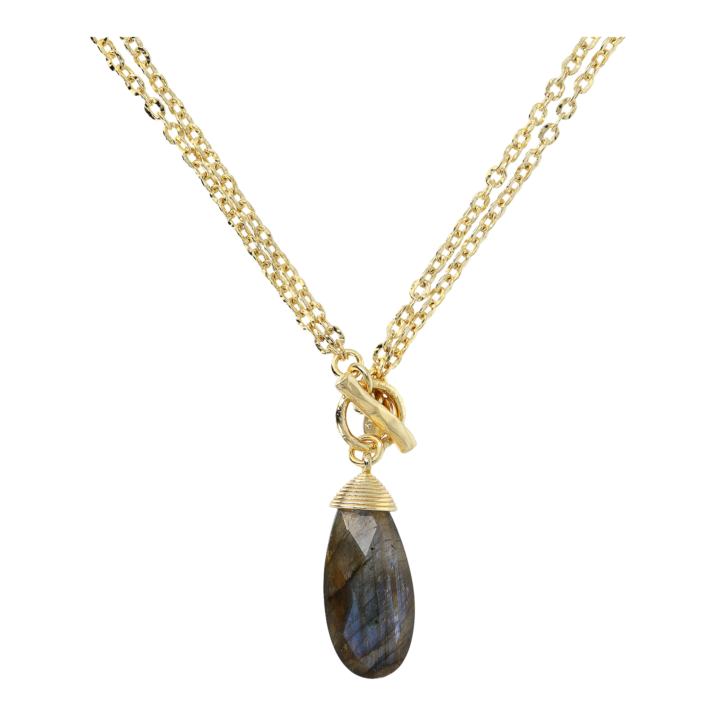 Collana Lunga Multifilo Catena Forzatina con Pendente Goccia in Pietra Naturale Labradorite