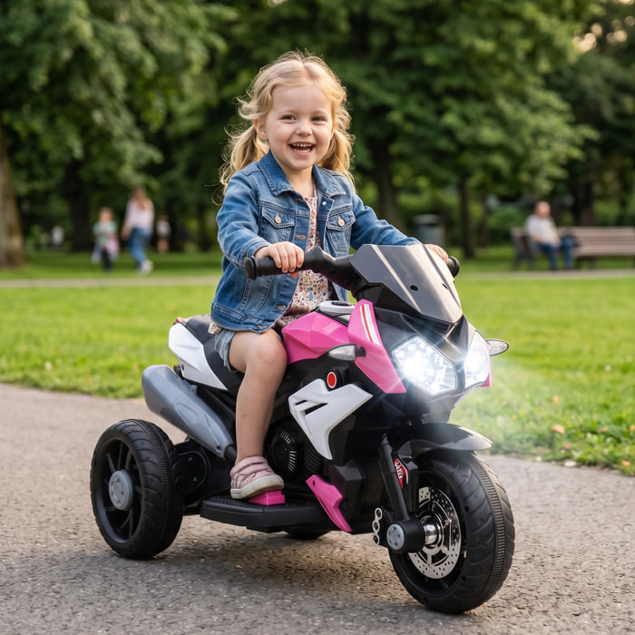 HOMCOM Moto Eléctrica para Niños con 3 Ruedas, Moto Eléctrica Infantil con Pedal, Faro LED, Música y Bocina, Regalo para Niños y Niñas de 3 a 5 Años, Rosa