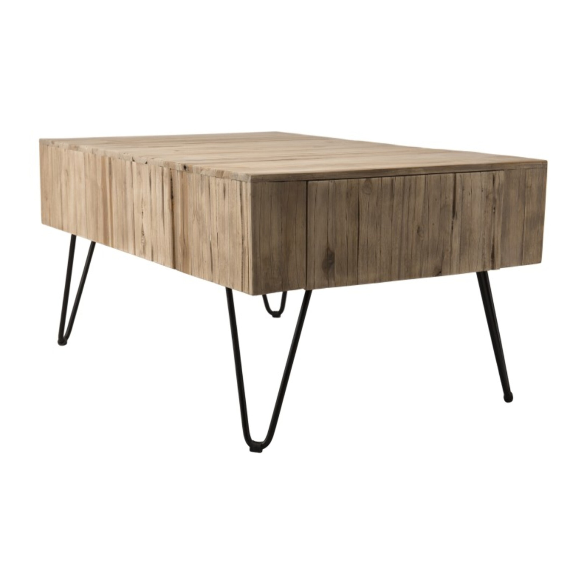 CLARA - Table basse rectangulaire 2 tiroirs branches bois Teck naturel - pieds épingles scandi métal