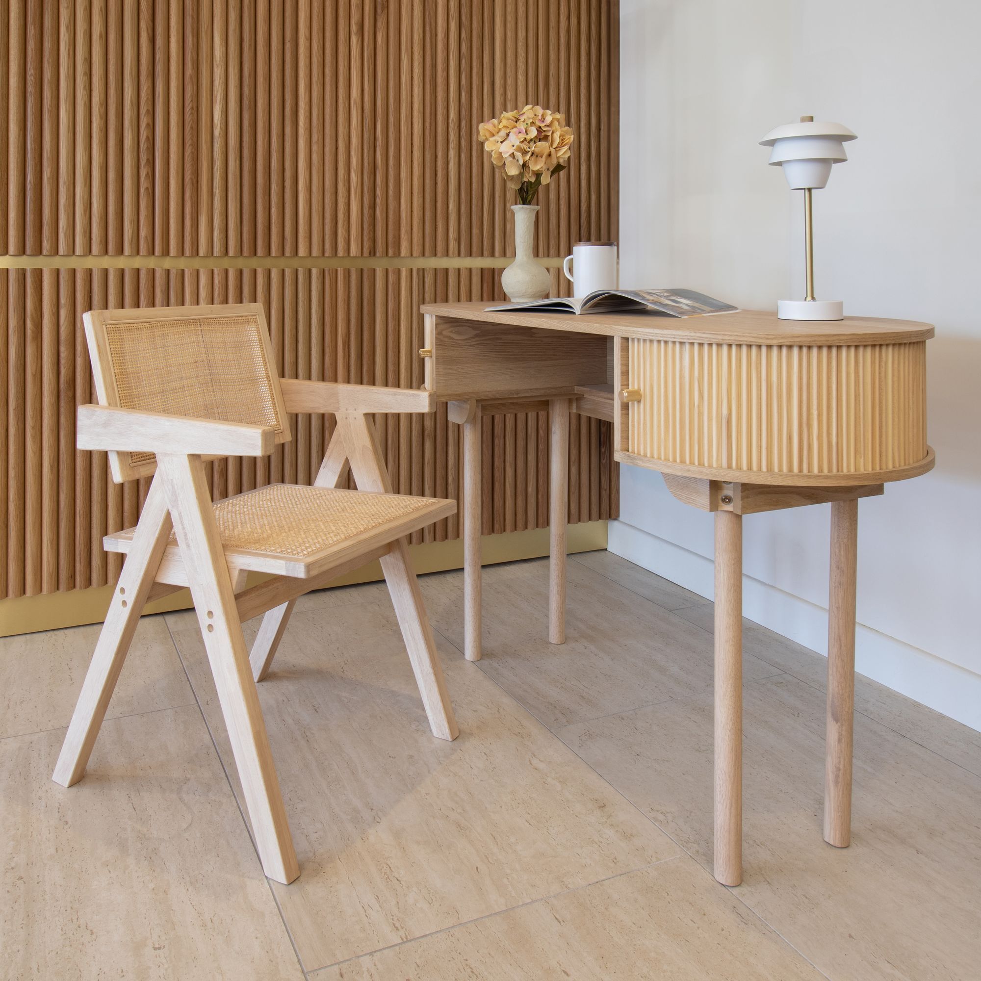 Chaise de bureau en bois de pin et canage beige HECTOR