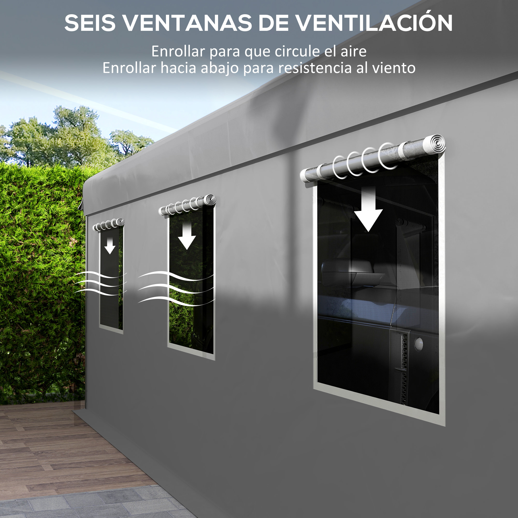 Carpa Garaje Portátil 6x3 m, Garaje Exterior para Coche Impermeable con Paredes Laterales Desmontables, 2 Puertas Enrollables y 6 Ventanas, Cobertizo de Almacenamiento Anti-UV, Gris Claro