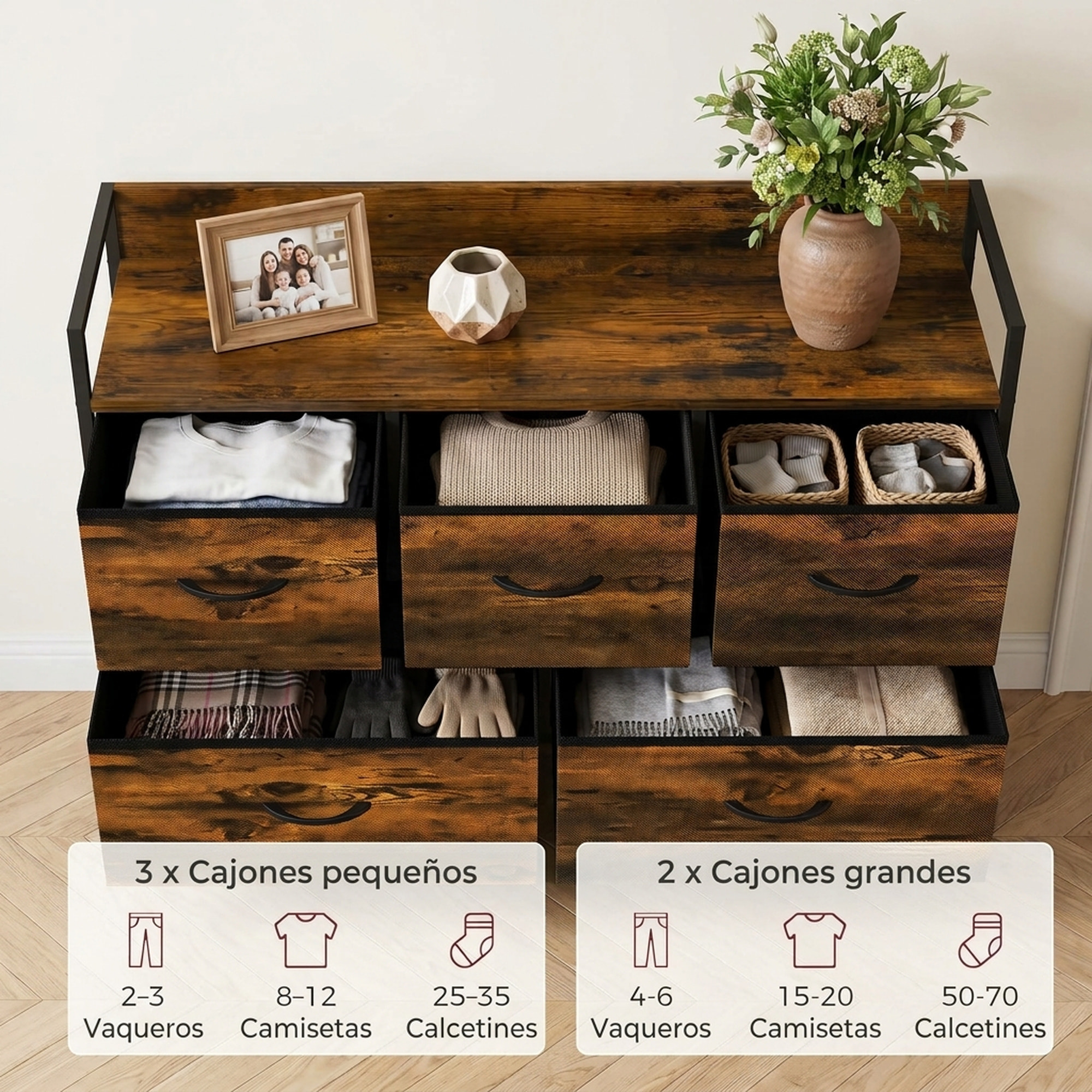 Mueble Organizador Cajonera de Tela con Cajones Plegables Estante Abierto y Marco de Acero Estilo Industrial para Salón Recibidor Dormitorio 98x29x63 cm, Marrón Rústico