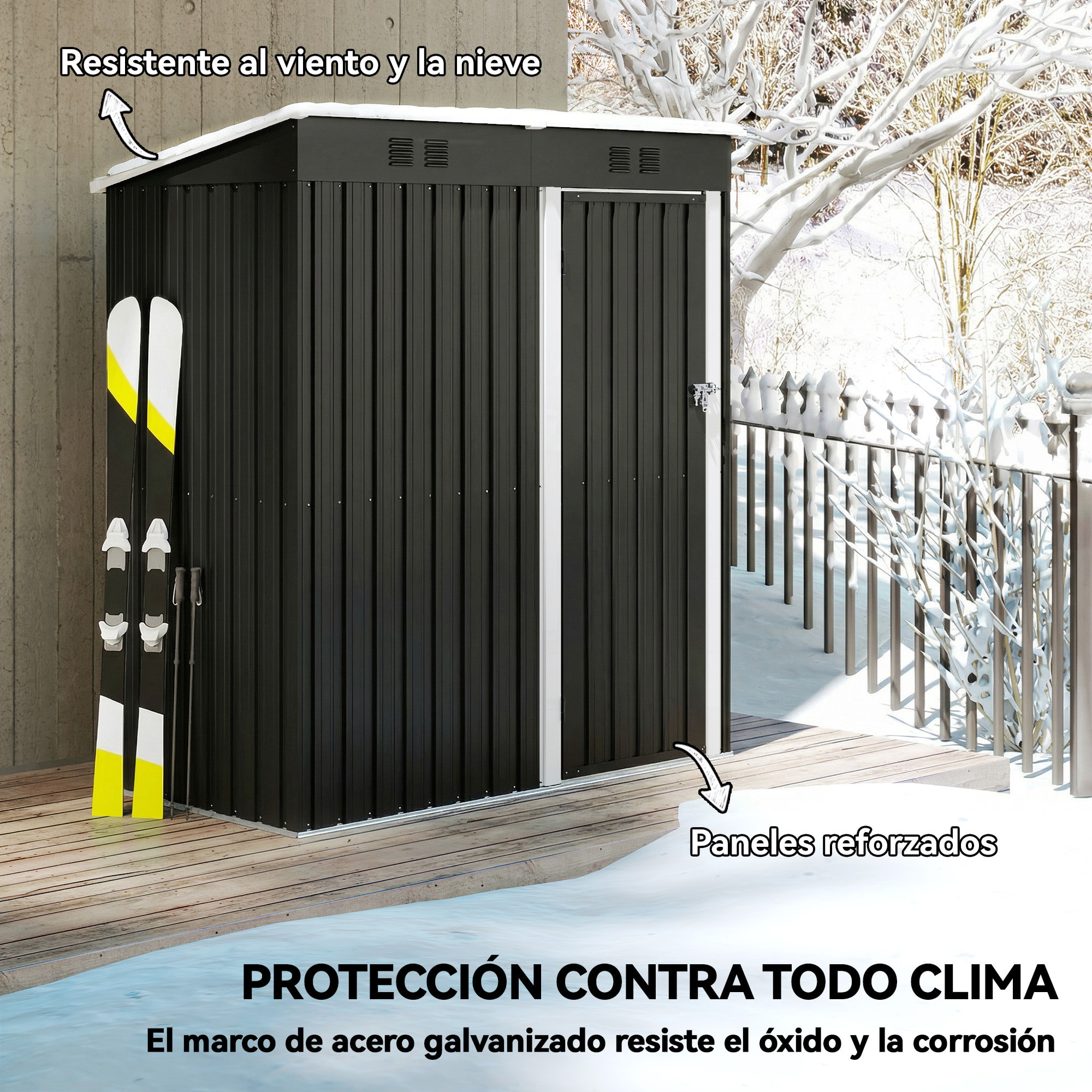 Caseta de Jardín Exterior 1,37 m², 163x90x179 cm, Cobertizo de Jardín Exterior Metálico con Puerta con Pestillo y Ranuras de Ventilación, para Almacenamiento de Herramientas, Gris Oscuro