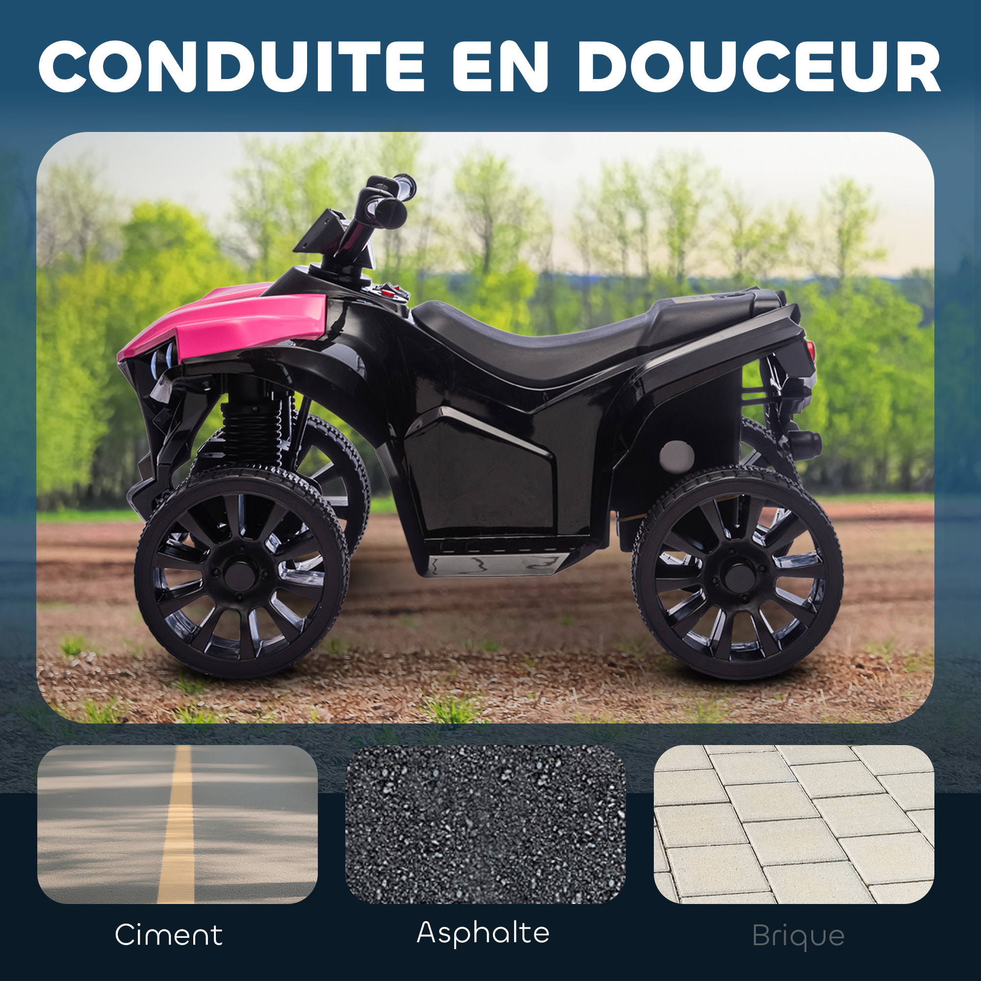 Quad électrique enfant 6V 3Km/h max. phares LED effet sonore marche AV AR rose