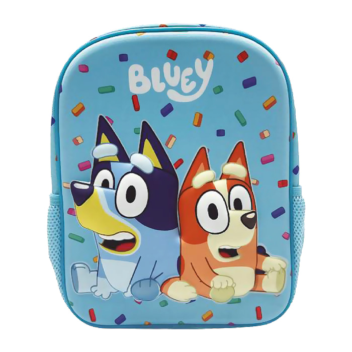 Zaino per la scuola materna 3D Eva Bluey. Tasche laterali. Con personaggi in rilievo 3D.