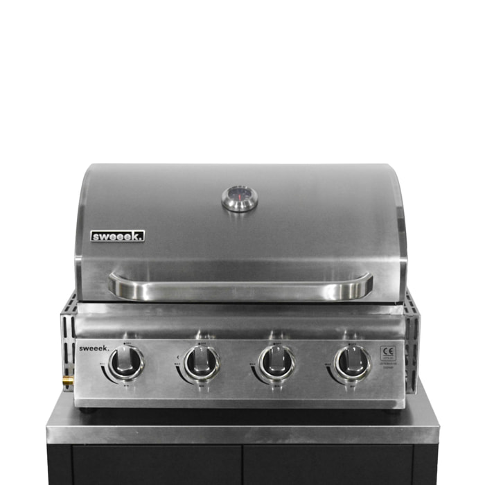 Ensemble de meubles de cuisine extérieure en acier inoxydable 7 modules avec barbecue au gaz 4 brûleurs et housse de protection