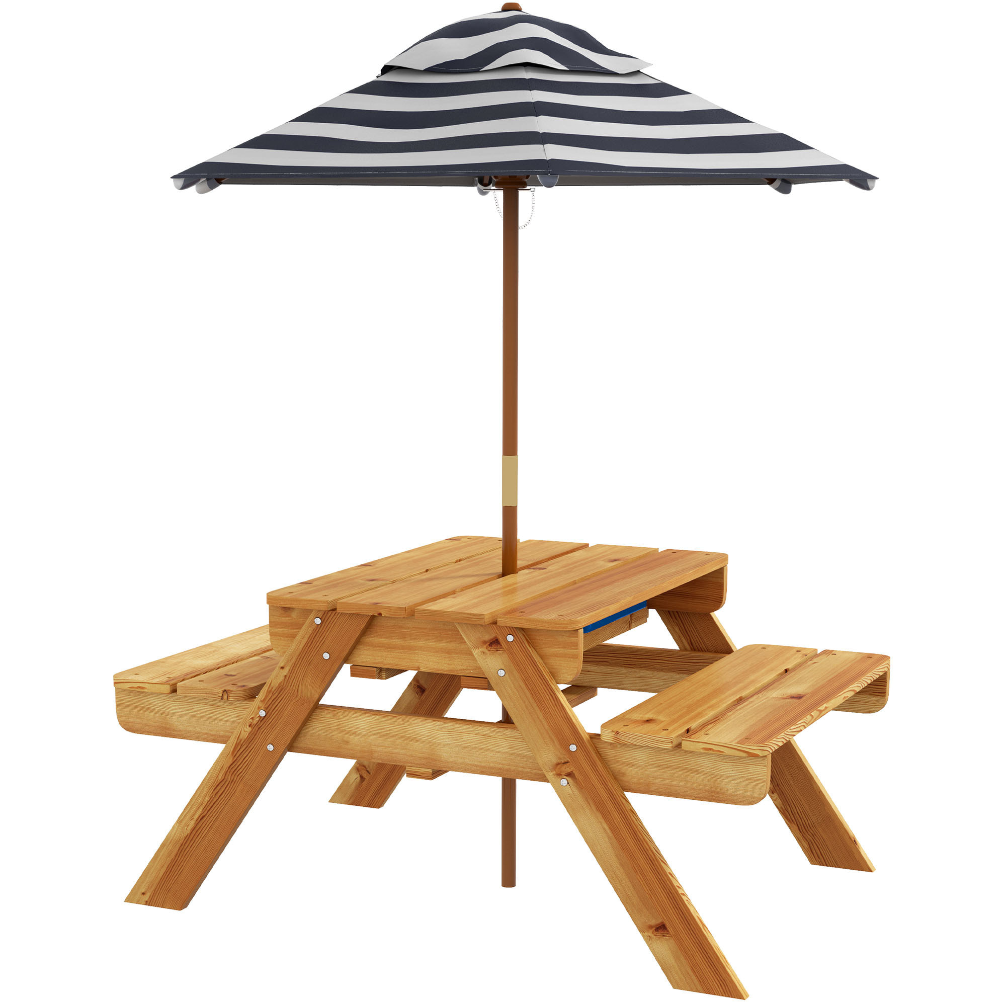 Mesa de Picnic para Niños de Madera Mesa y 2 Bancos Infantiles con Sombrilla y Arenero para Jardín Patio 89x80,5x142,5 cm Teca