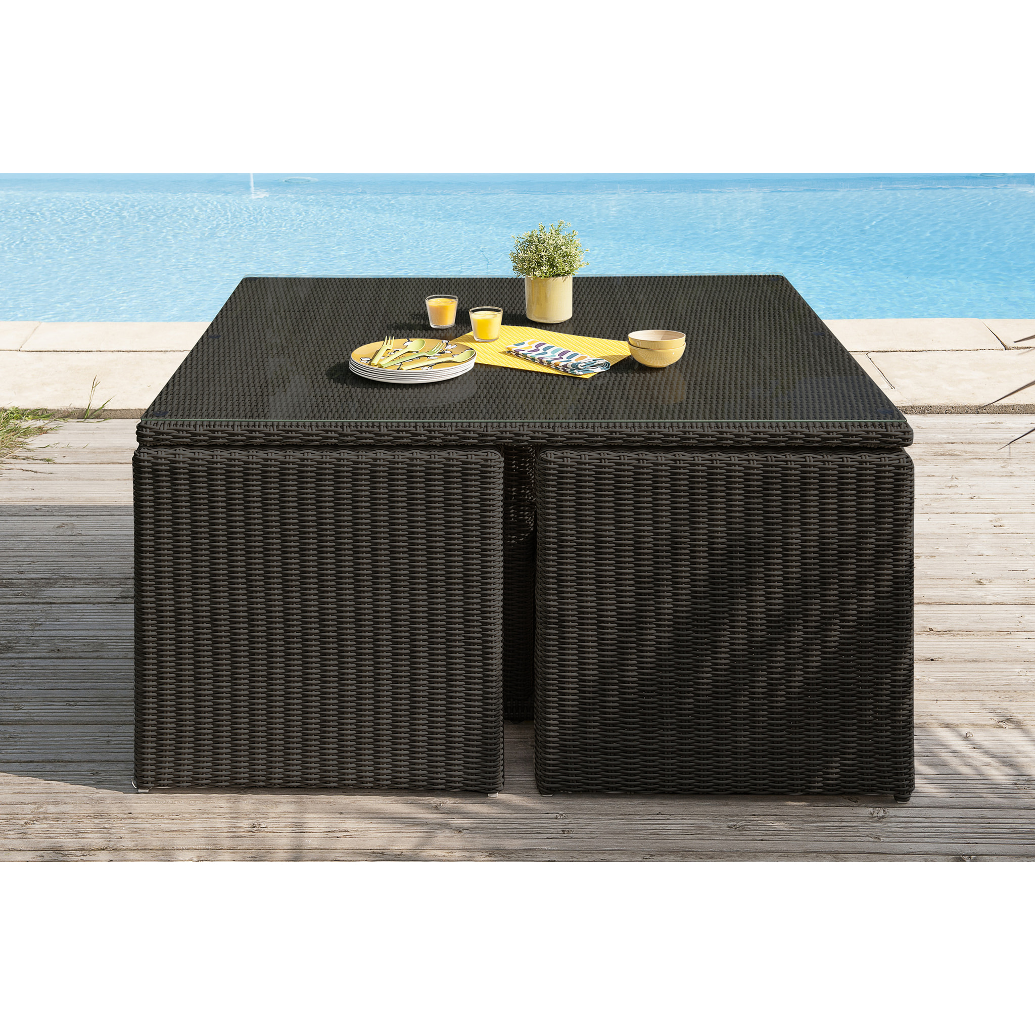 OCEANE - Ensemble repas encastrable 8 places en résine tresséee + housse