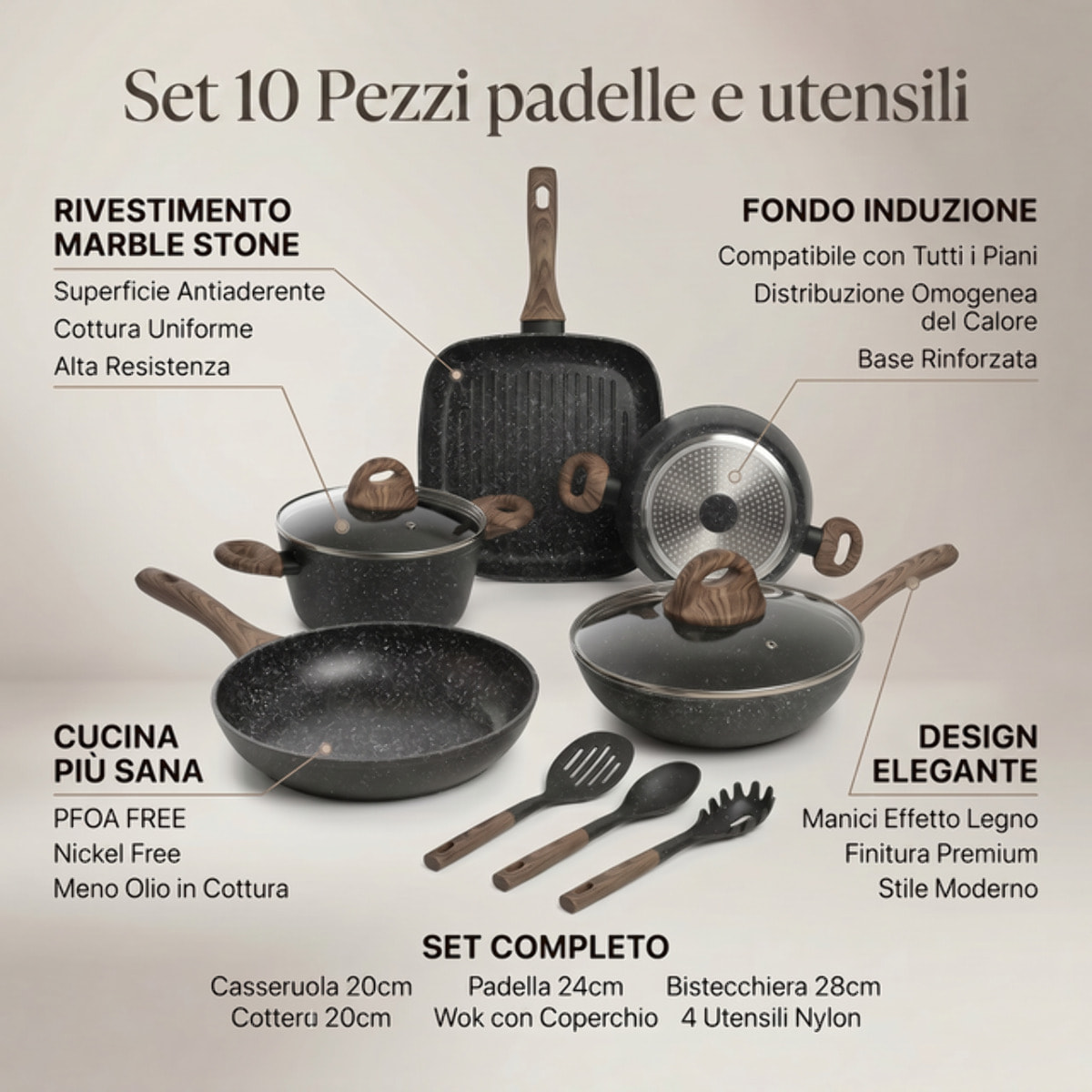 Set pentole e padelle 10 pezzi antiaderente stone, batteria cucina induzione con wok casseruola padella bistecchiera e utensili, rivestimento marmorizzato, manici soft touch effetto legno, adatto a tutti i piani cottura