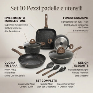Set pentole e padelle 10 pezzi antiaderente stone, batteria cucina induzione con wok casseruola padella bistecchiera e utensili, rivestimento marmorizzato, manici soft touch effetto legno, adatto a tutti i piani cottura