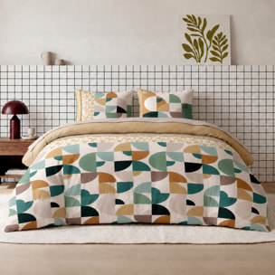 Parure housse de couette 100% coton motif géométrique rétro vert et camel - ADDICT