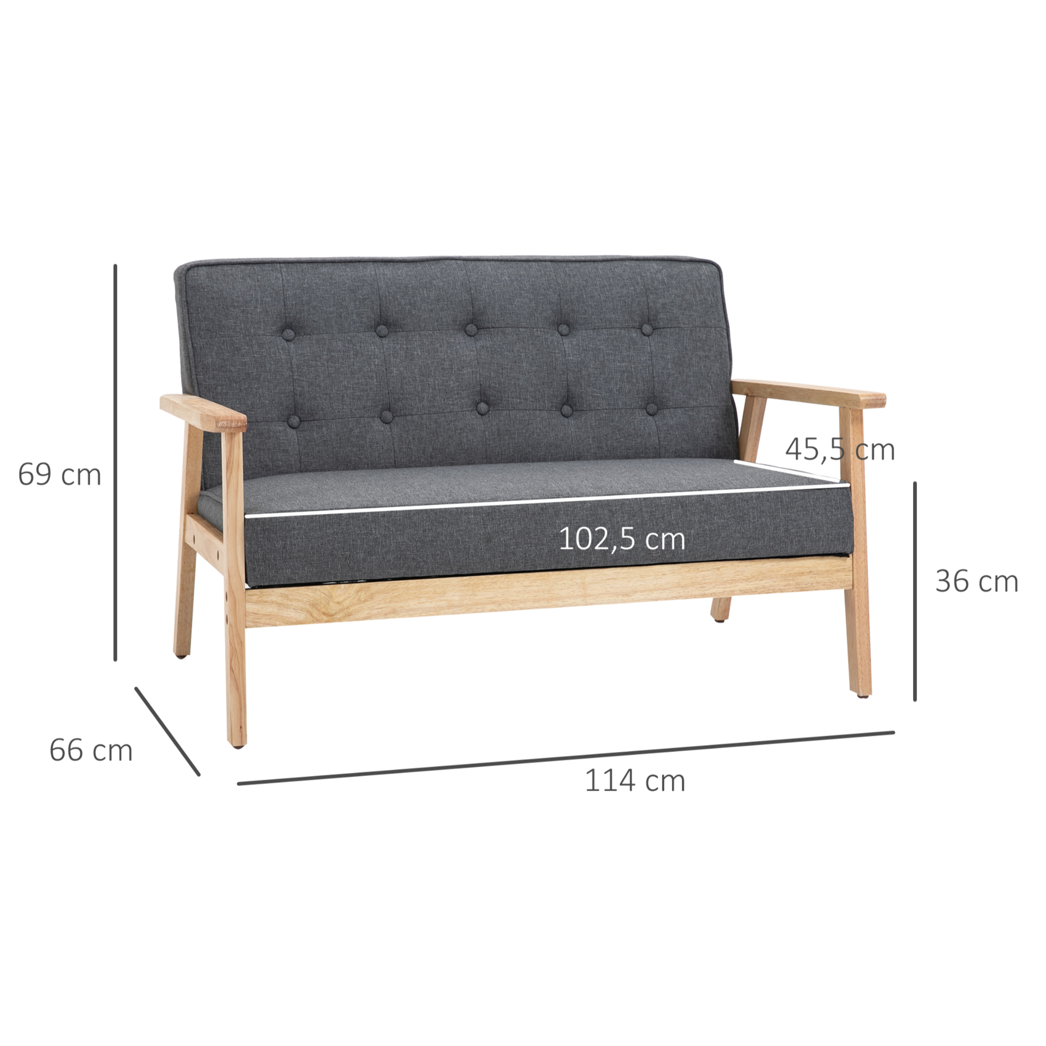 Sofá de 2 Plazas Respaldo y Asiento Acolchado Patas de Madera 114x61x71 cm Gris