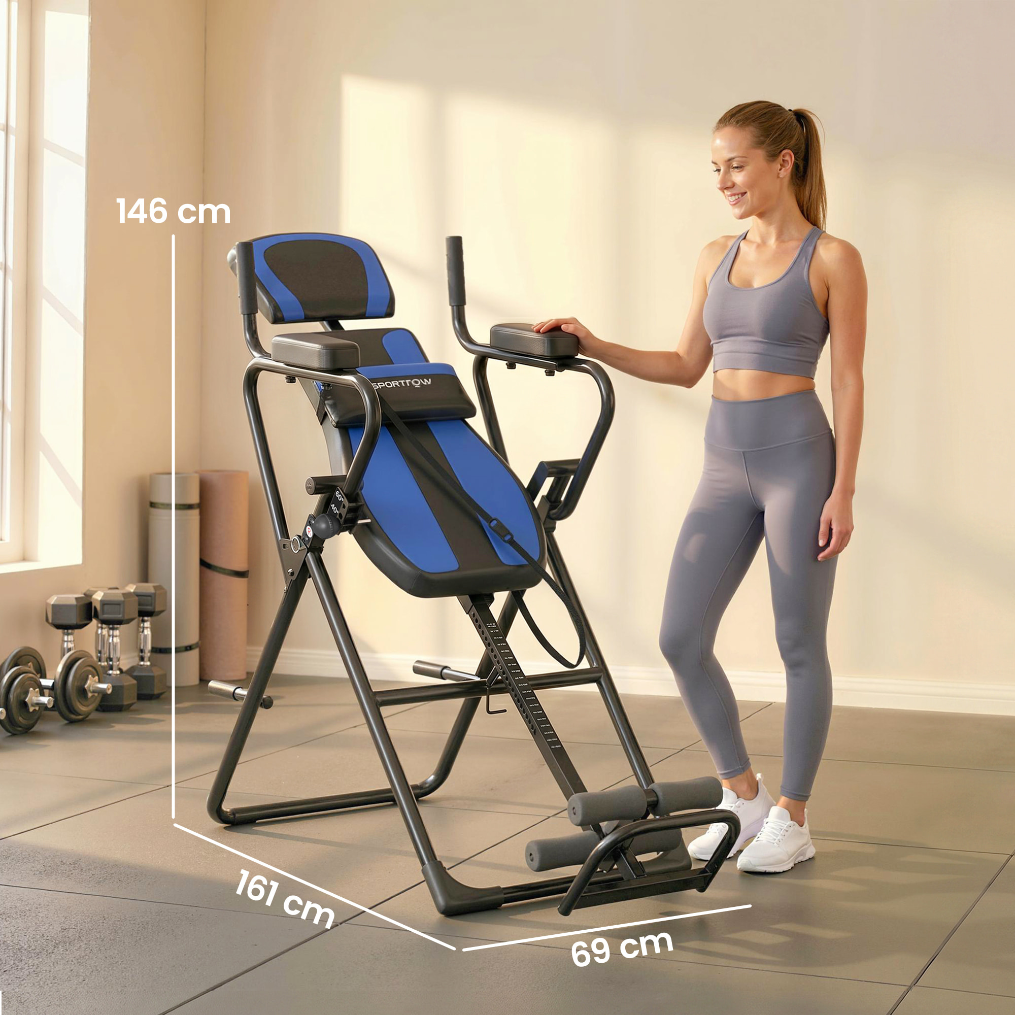 Tabla de Inversión Plegable 3 en 1 con Dominadas y Flexiones Reposacabezas Altura Ajustable 155-198 cm Ángulos 20° 40° 60° Banco de Inversión con Soporte Lumbar Tobillo Bloqueo Cinturón Azul