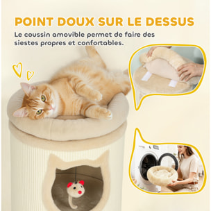 Tour à griffer pour chat - arbre à chat - 3 niches, 3 jouets, panier haut - sisal peluche beige
