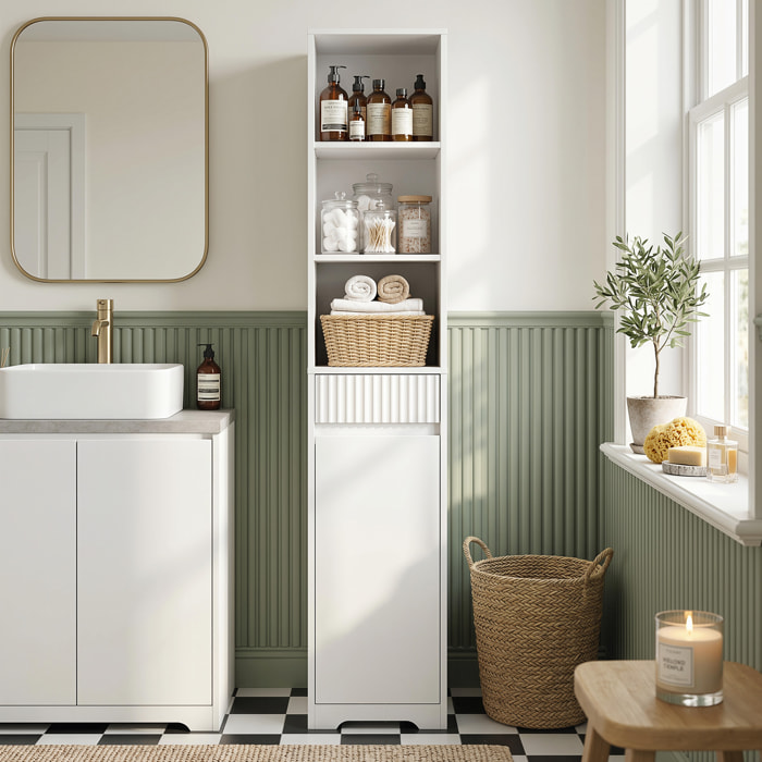 Armario de Baño Alto, Mueble Auxiliar de Baño Estrecho con Cajón, Diseño Acanalado, Estante Ajustable, Estantes Abiertos, para Espacios Pequeños, 33x30x172 cm, Blanco