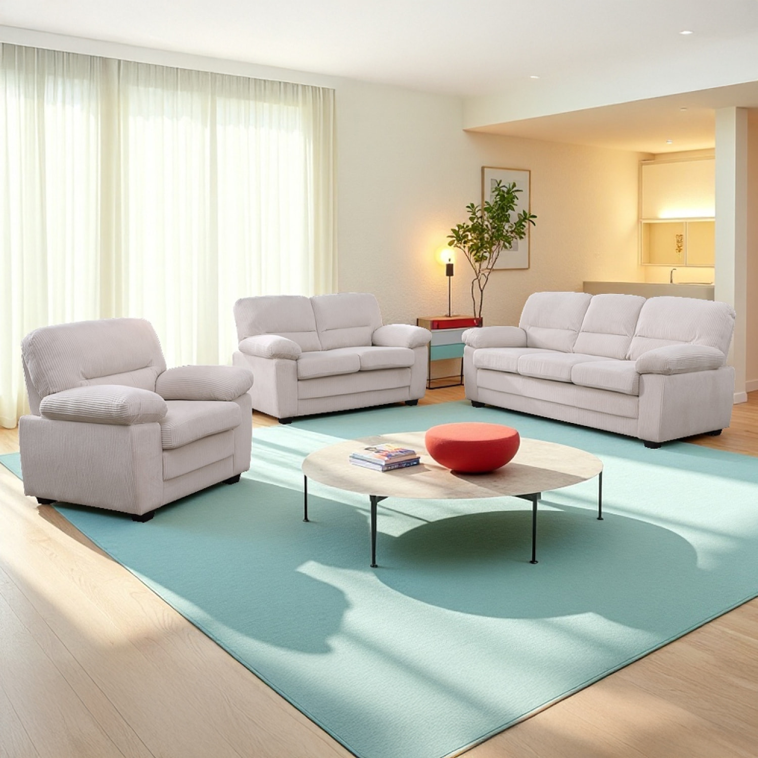 Canapé 3 places + 2 places + fauteuil en velours côtelé beige MATHEW
