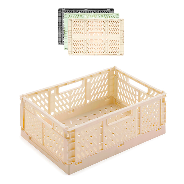 Pacco da 3 scatole pieghevoli in plastica. Assortimento di 3 colori. 7L, 30x20cm.