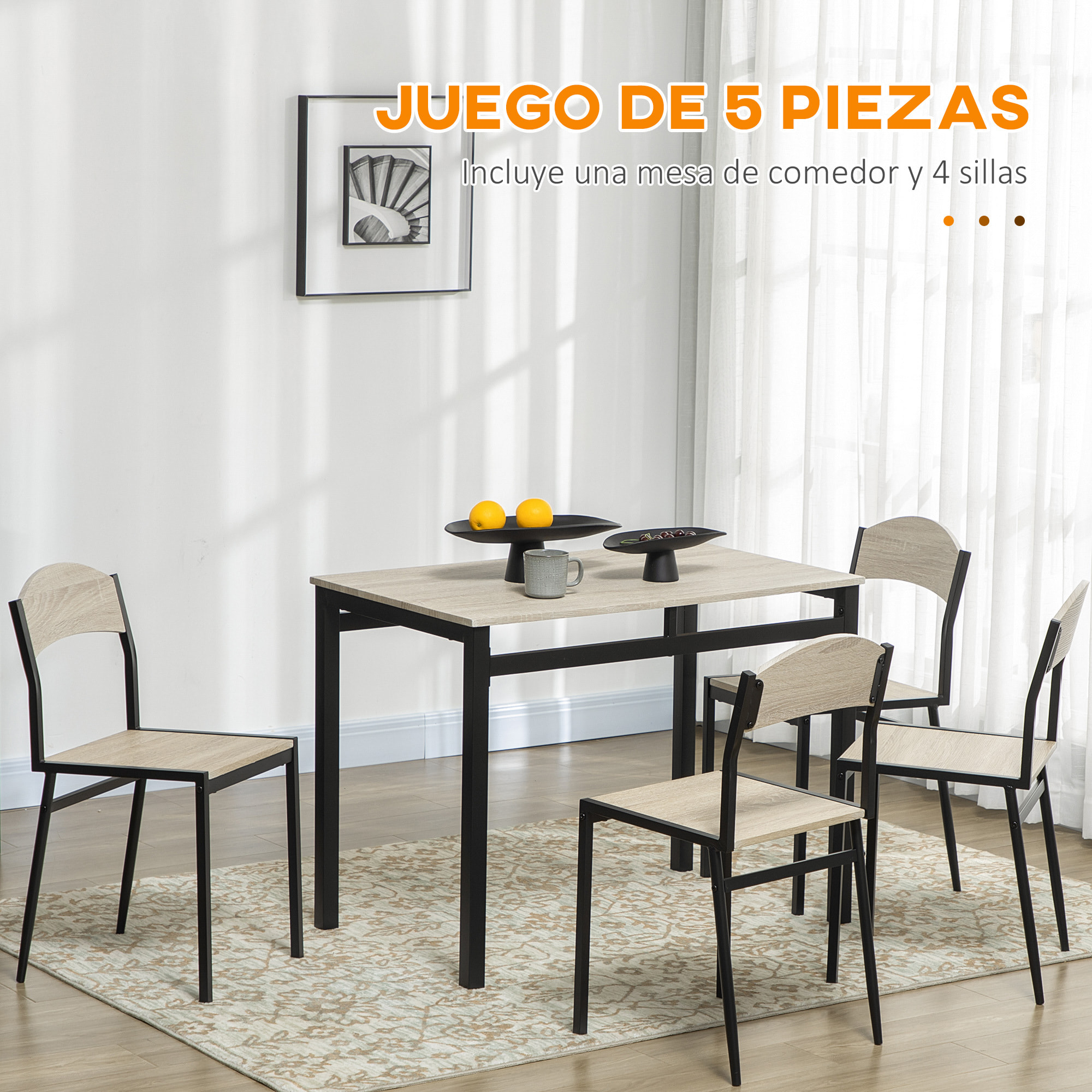 Juego de Mesa y Sillas de Comedor, Mesa de Cocina Rectangular con 4 Sillas, Estilo Moderno, Marco Metálico, para Espacios Pequeños, Salón, Roble y Negro