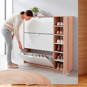 Multiuso 3 Ribalte Con Anta Laterale A 5 Ripiani Regolabili Salvaspazio Per Ingresso Fino A 30 Paia Di Scarpe 112 x 105 x 24 Cm Rovere E Bianco