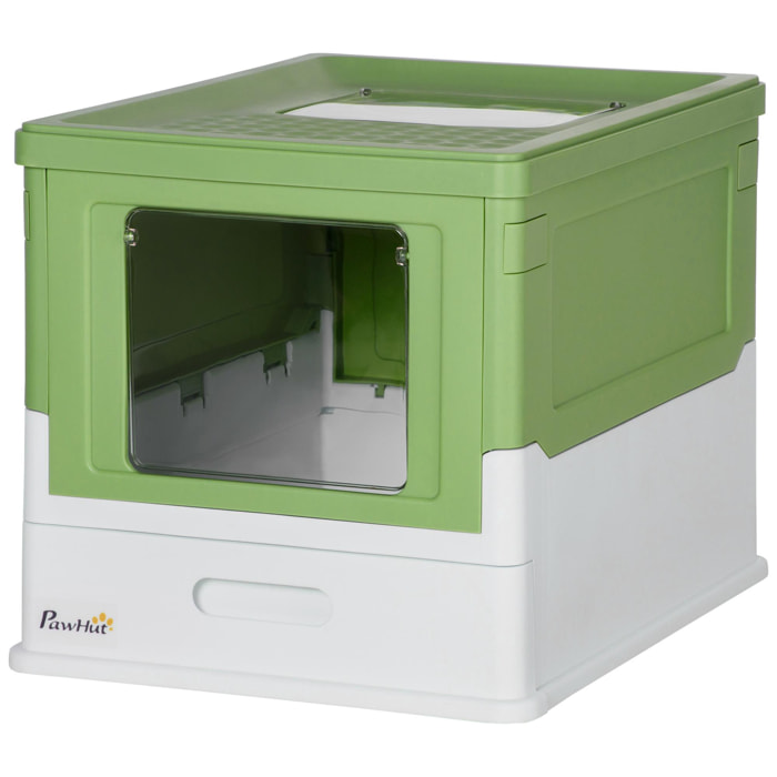 Maison de toilette pliable pour chat - tiroir à litière coulissant, porte battante et trappe transparente, pelle - blanc vert