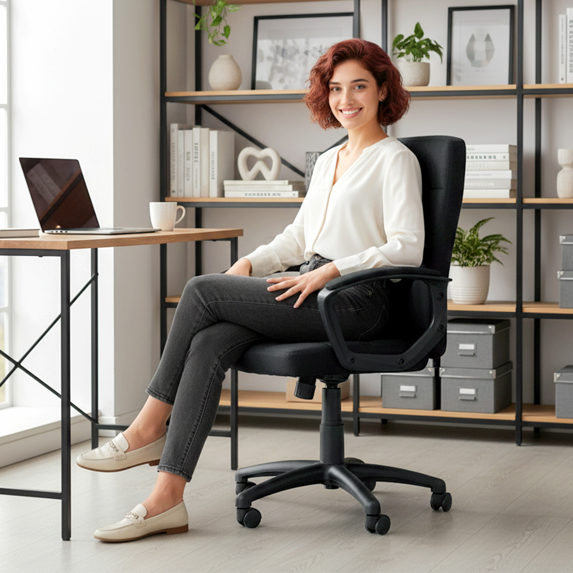 Silla de Oficina, Silla de Escritorio Giratoria, Tapizada en Lino Sintético, Altura Ajustable, Basculante, Respaldo Medio, con Reposabrazos, Ruedas, Negro