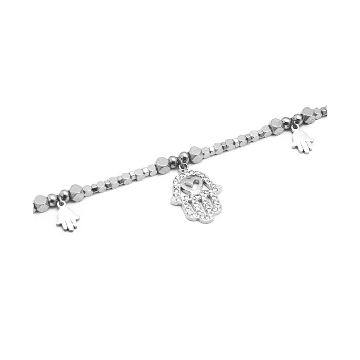 Bracciale in acciaio argentato con pendenti e strass