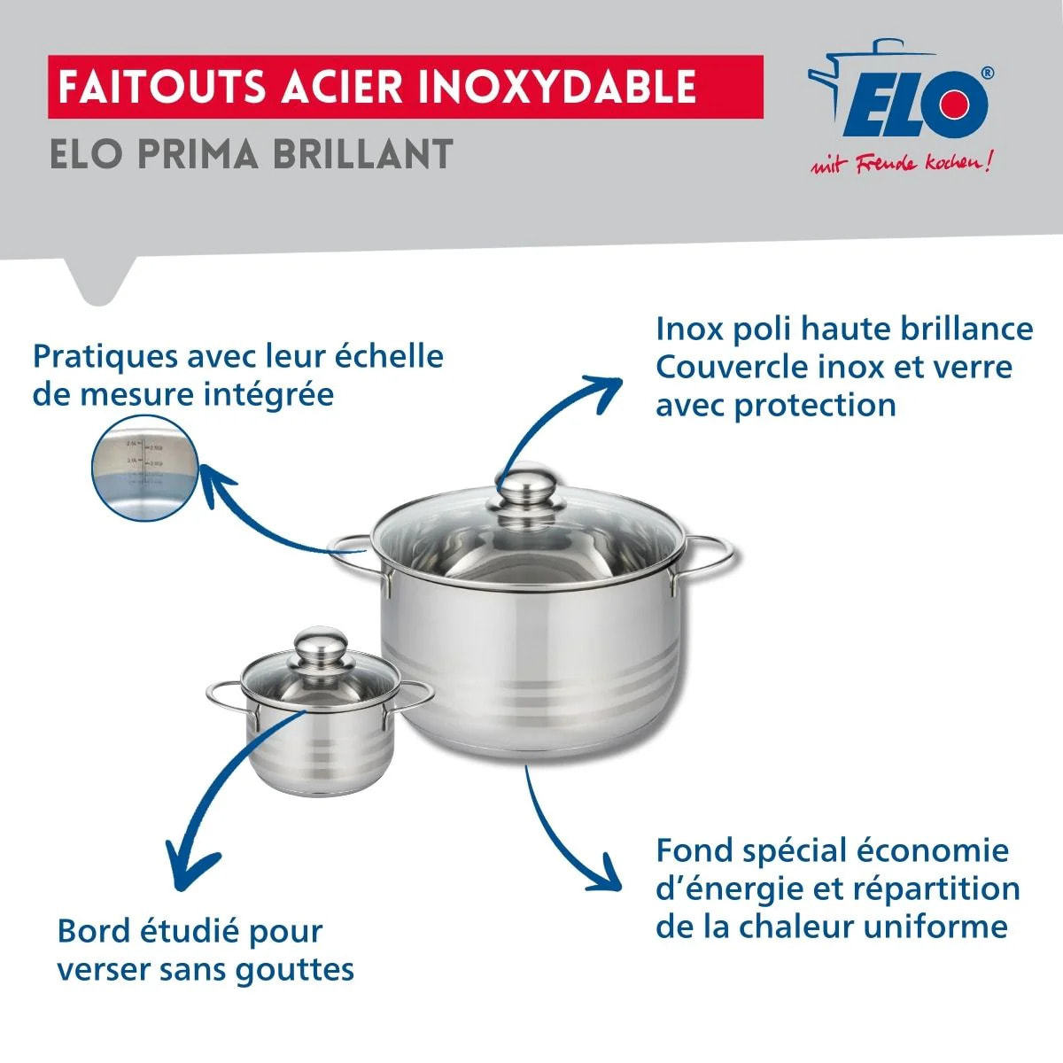 Ensemble de 3 Poêles de cuisson 24, 28 et 32 cm et 2 faitouts 12 et 24 cm Elo Profi Brillant