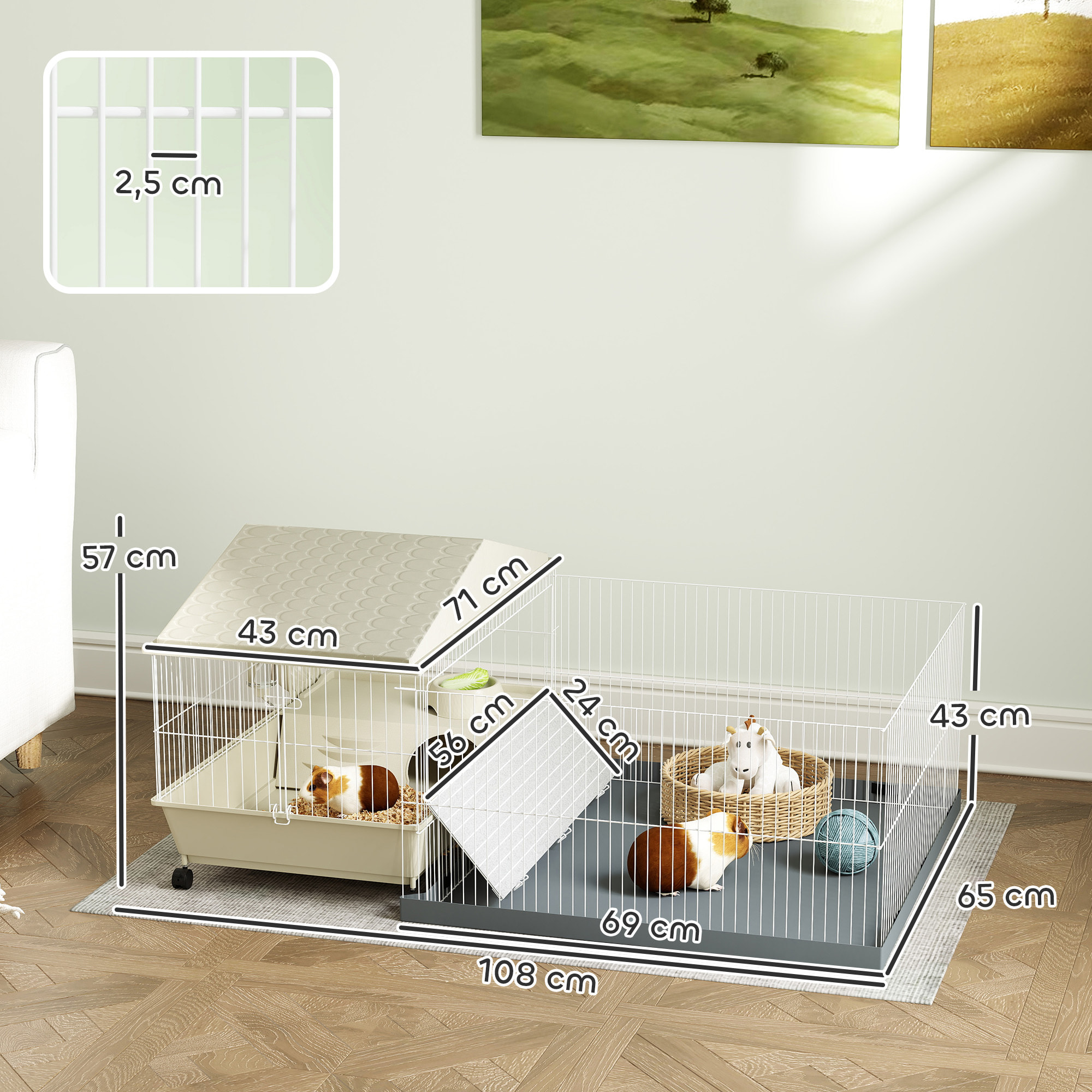 Jaula para Animales Pequeños con Corral Desmontable Jaula para Roedores con Ruedas Rampas Cuenco Botella de Agua y Dispensador de Heno 108x71x57 cm Beige