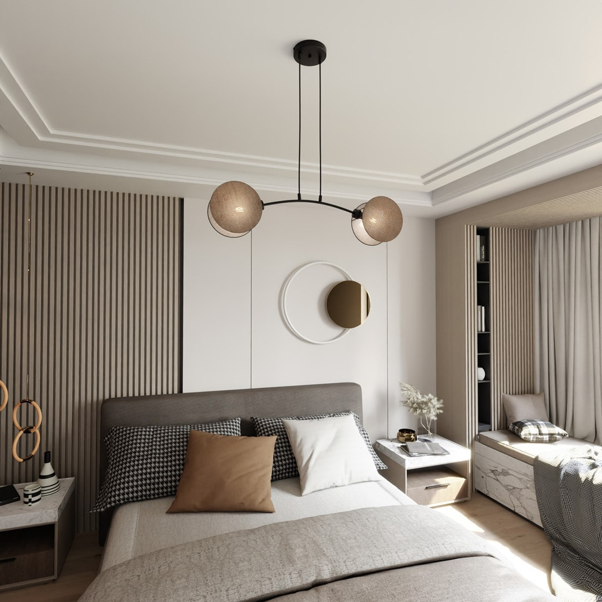 Lampada a sospensione MOTIF in acciaio nero e tessuto beige