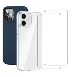 Lot de 2 Coques iPhone 12/12 Pro Transparente et Bleue Antichoc Silicone + 2 Vitres en verre trempé Protection écran