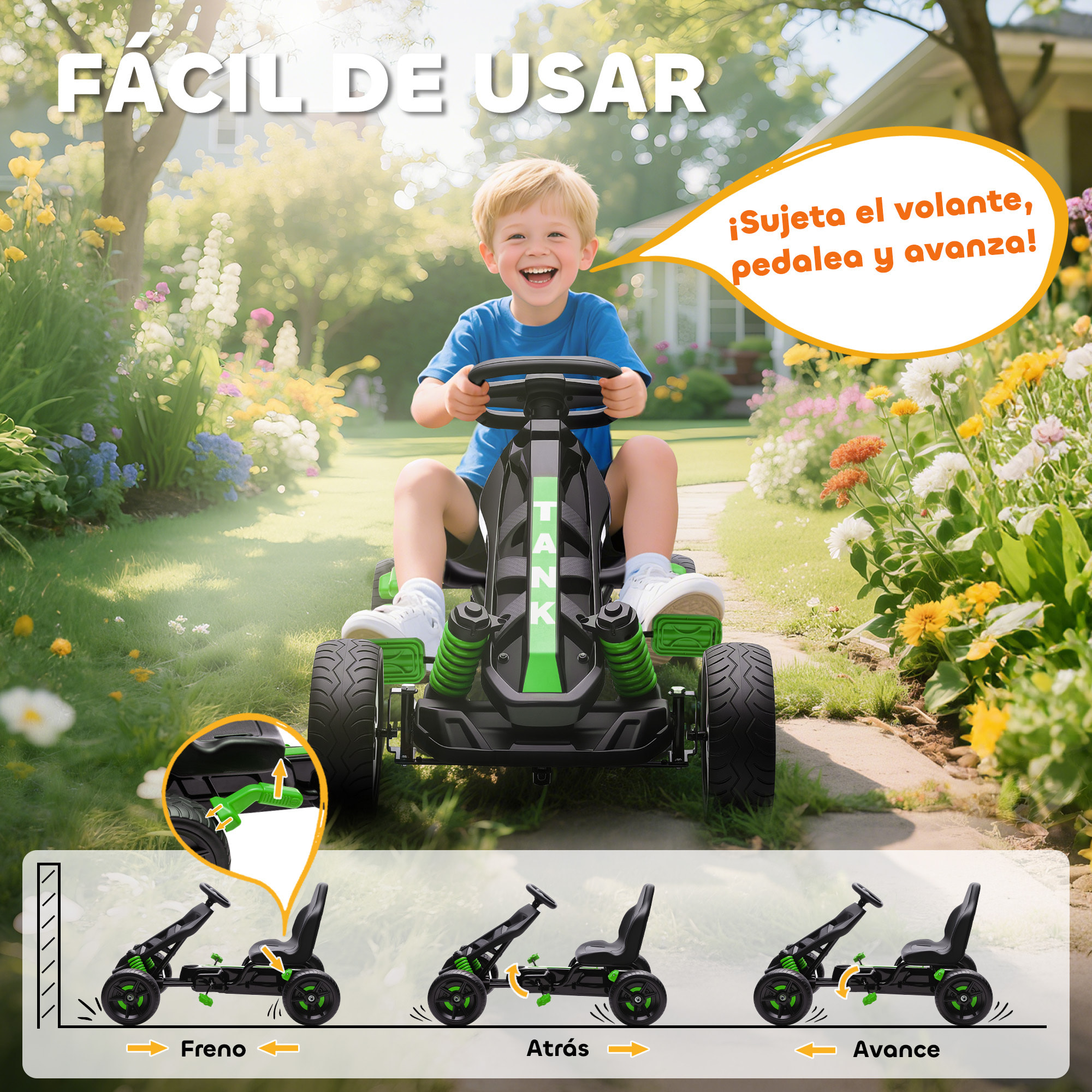 Kart Pedales para Niños de +3 Años Go Kart con Embrague Automático Freno Ruedas Antideslizantes de EVA y Marco Metálico Carga 50 kg Verde