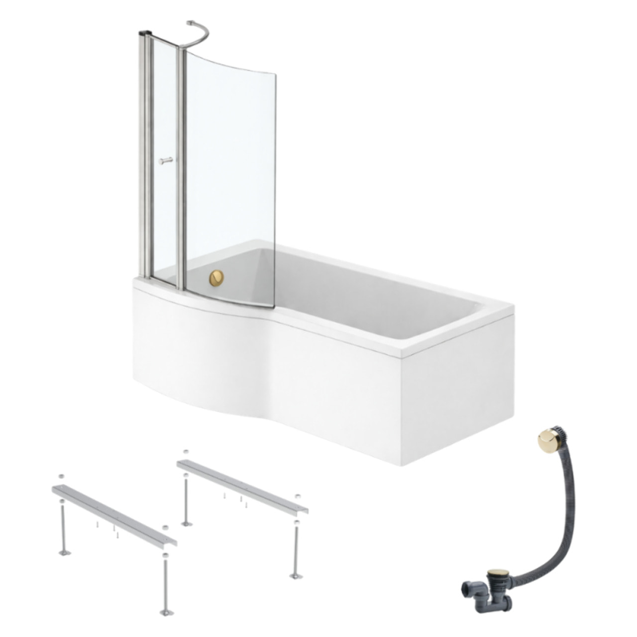 Pack baignoire bain douche 150 x 80 cm gauche Connect Air + tablier + pare bain avec volet  + pieds + vidage Doré