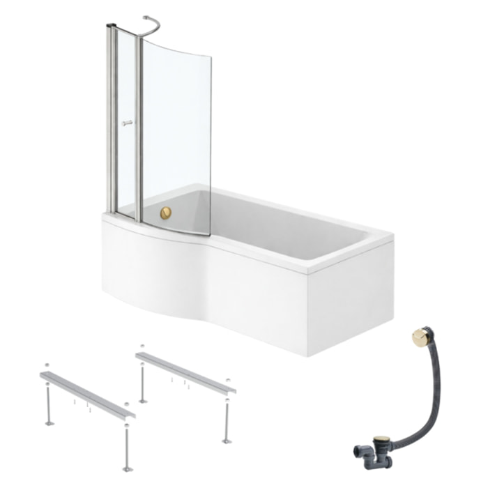 Pack baignoire bain douche 150 x 80 cm gauche Connect Air + tablier + pare bain avec volet  + pieds + vidage Doré