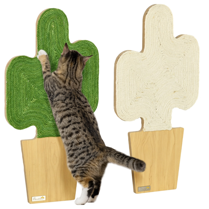 Lot de 2 griffoirs grattoirs murals design cactus dim. 30L x 60H cm jute naturelle écru verte aspect bois clair