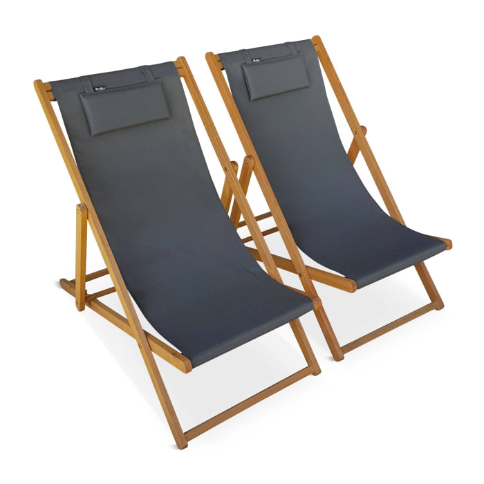 Chiliennes bois - Creus - 2 transats en bois d'Eucalyptus huilé avec coussin repose-tête gris
