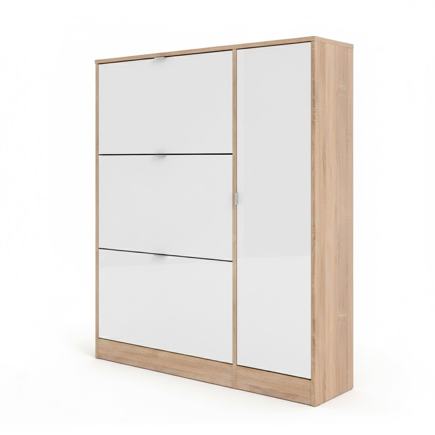 Scarpiera Salvaspazio Con 3 Ante A Ribalta Mobile Laterale Fino A 18 Paia Design Moderno Ingresso Corridoio 98.8x24.05x123.6 Cm Rovere e Bianco Lucido