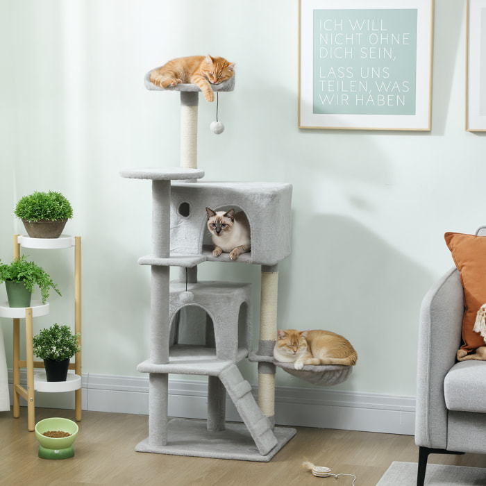Árbol Rascador para Gatos, Árbol para Gatos 140 cm, Torre Escalador con Múltiples Plataformas, Cama, 2 Cuevas, Hamaca, Escalera, Postes de Sisal, Bolas para Jugar, Gris Claro