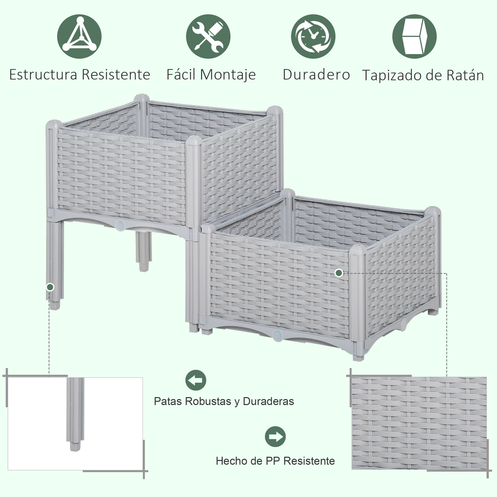 Juego de 2 Jardineras de Exterior Jardineras Cuadradas Imitación a Mimbre Combinación Libre Maceteros para Jardín Patio 40x40x26/44 cm Gris