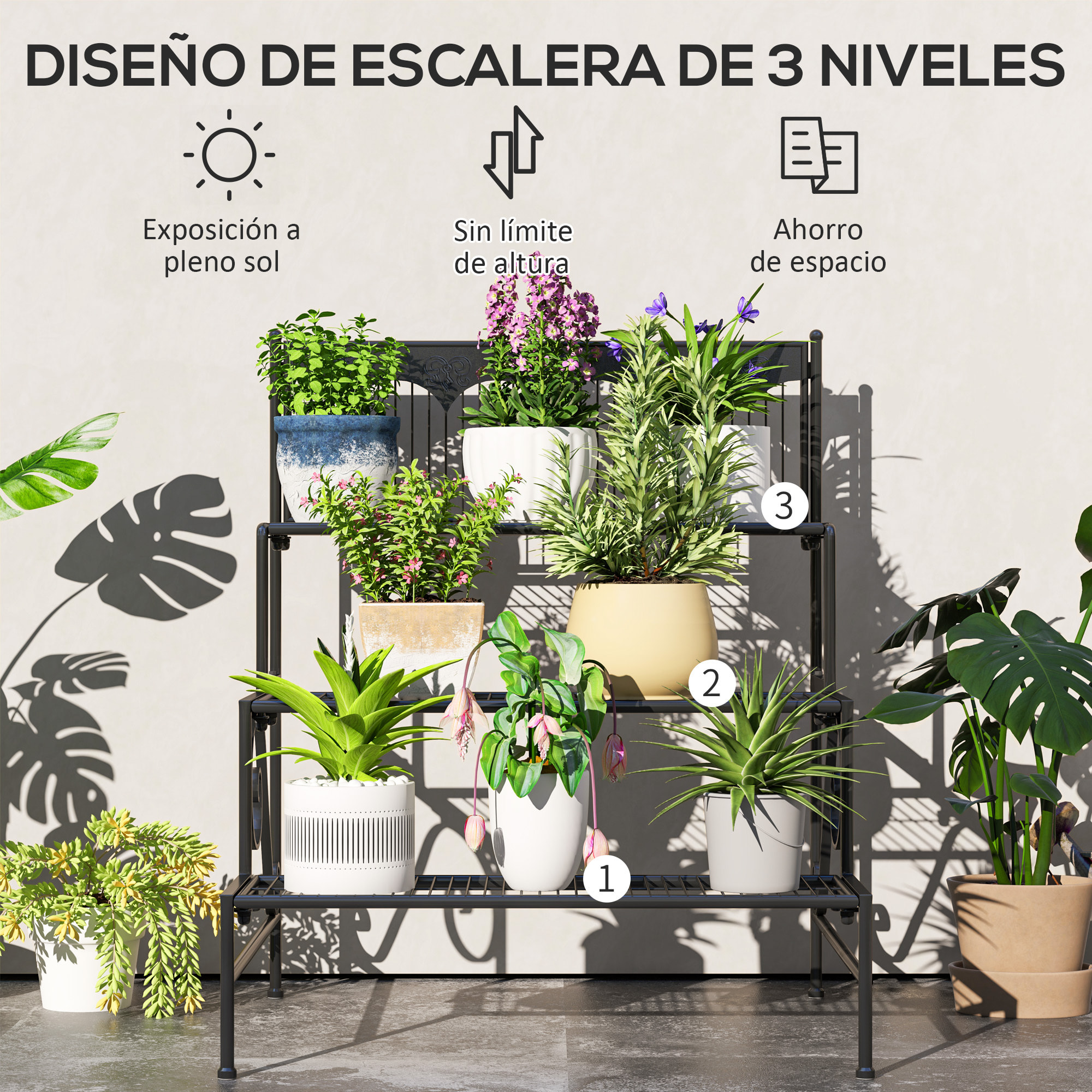 Soporte para Plantas de 3 Niveles Estantería para Plantas para Esquina Diseño en Escalera Soporte para Macetas Interior y Exterior 73x66x85 cm Negro