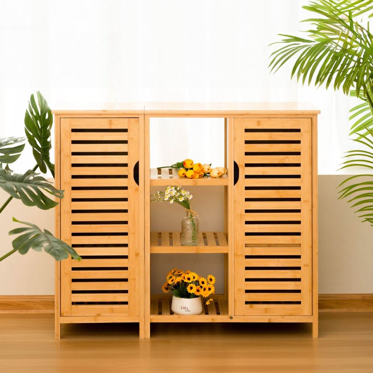 Mobiletto in bambu' 2 ante con vani interni e 3 ripiani a vista 100x33x87 cm