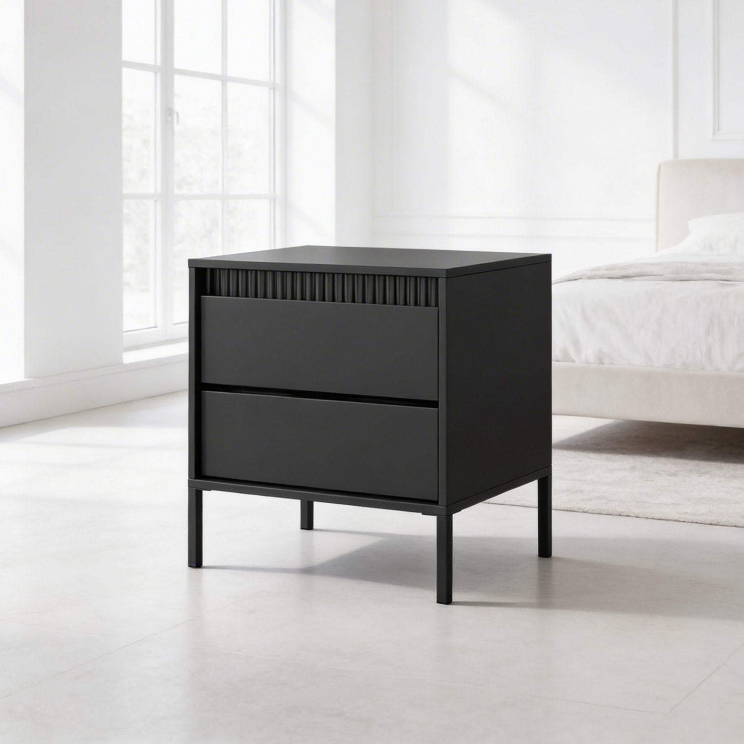 Comodino Moderno 2 Cassetti Push E Piedini Alti Cassettiera Design Elegante Mobiletto Minimal Effetto Cannettato 53.5 x 56.2 x 39.5 Cm Nero