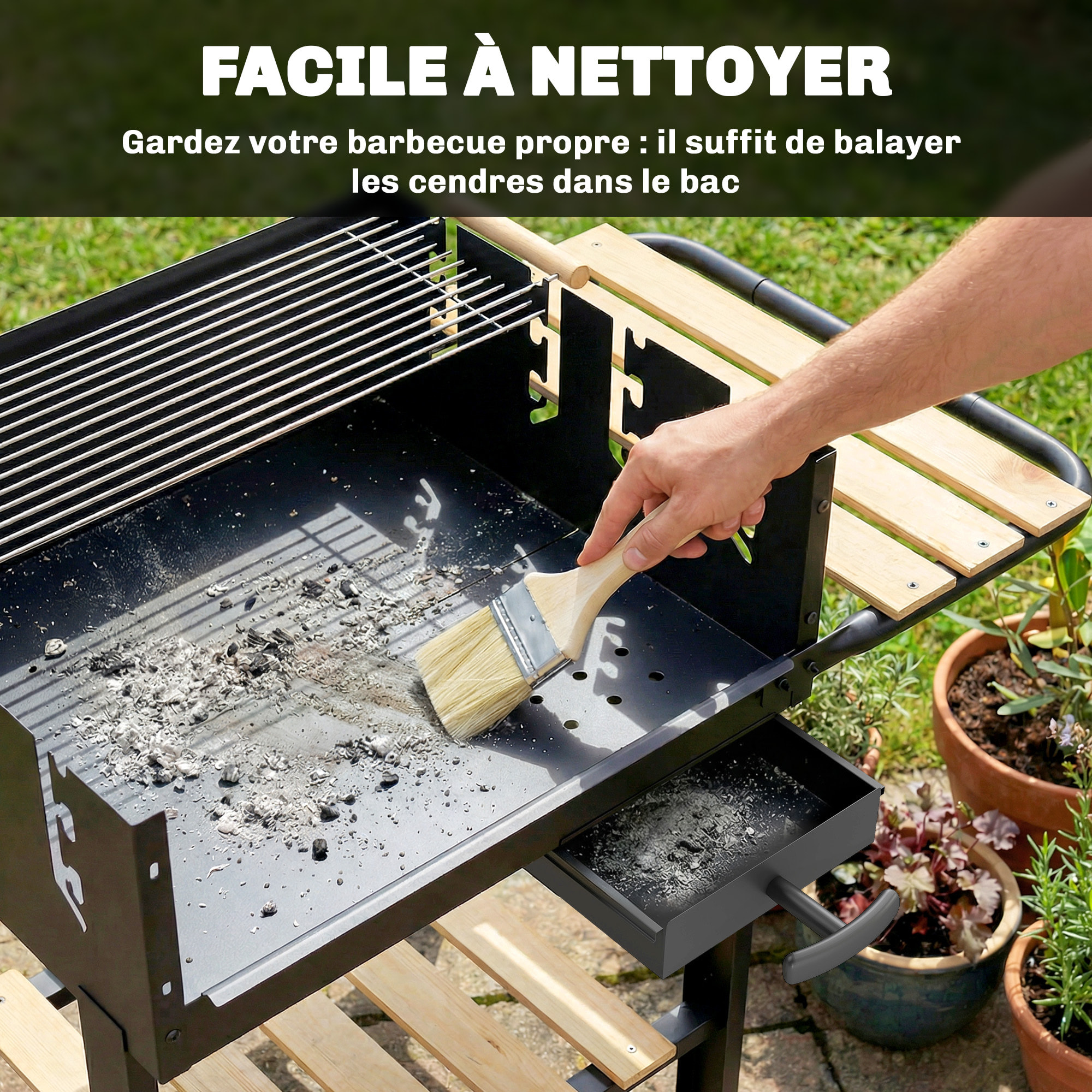 Barbecue charbon 2 grilles réglables 2 étagères roues