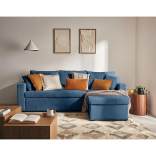 Cyrus - canapé d'angle réversible 4 places - convertible avec coffre - en velours côtelé - Bleu