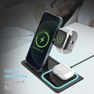 DAM Base de carga inalámbrica plegable 3 en 1. Base Qi 15W doble posición, cargador de Apple Watch y base Qi. Con luz de ambiente azul. Función stand. 16,5x9,3x10,1 Cm. Color: Negro