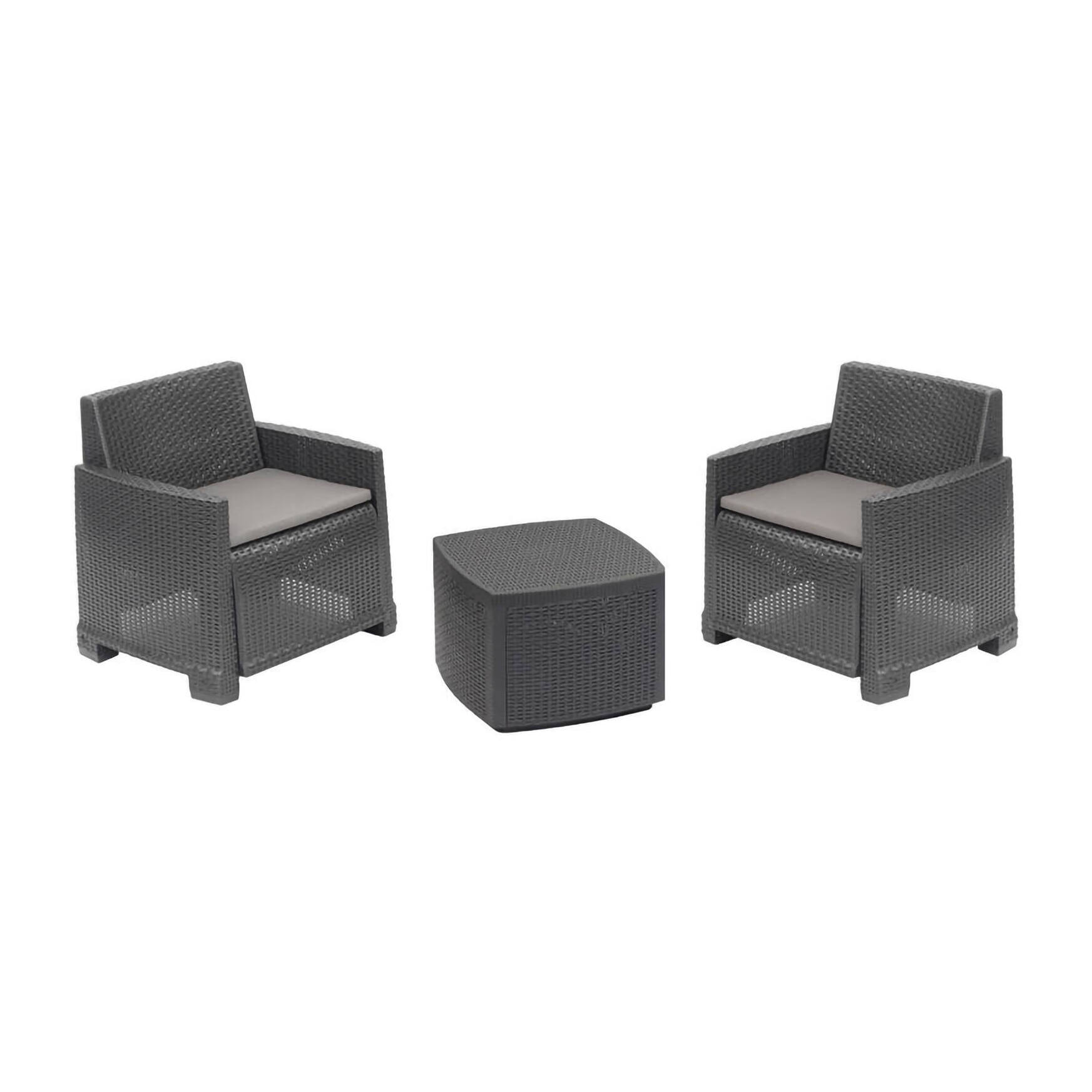 Set salotto da esterno Ari, Composizione da giardino con 2 poltrone e 1 tavolino contenitore, Effetto rattan con cuscini, 100% Made in Italy, Antracite