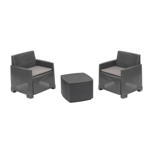 Set salotto da esterno Ari, Composizione da giardino con 2 poltrone e 1 tavolino contenitore, Effetto rattan con cuscini, 100% Made in Italy, Antracite
